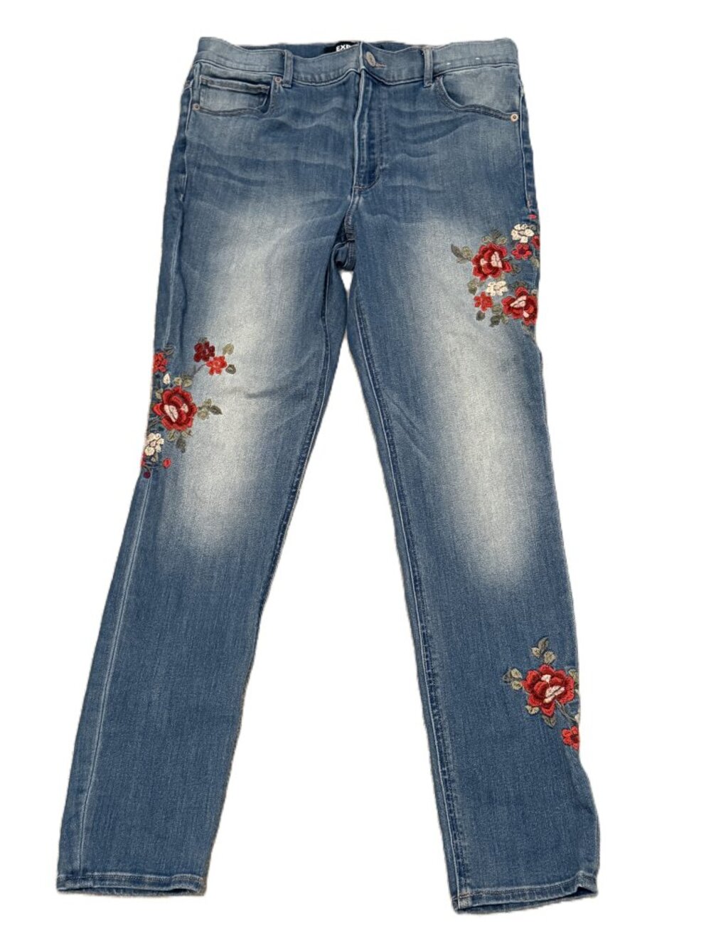 Blue Floral Embroidered High Rise Stretch Denim Leggings 12R Women Boho Feminine